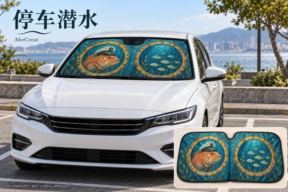 汽车前挡遮阳帘 · 停车潜水 AI概念图，非实物照片