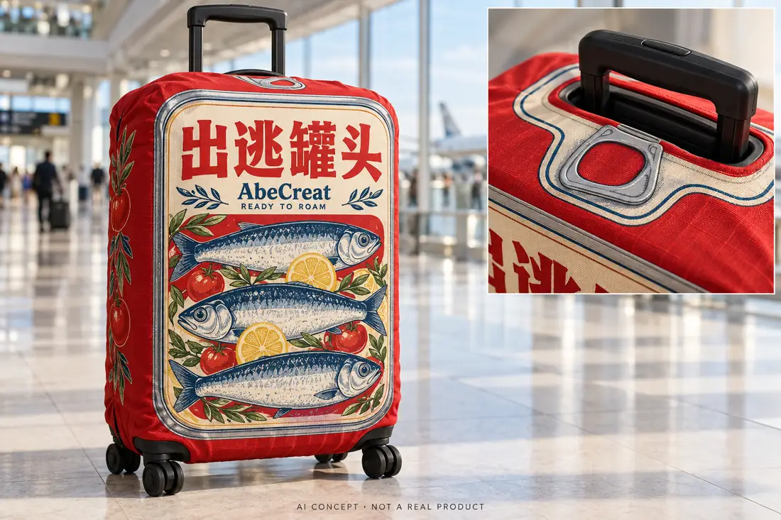 弹力行李箱套 · 出逃罐头 AI概念图，非实物照片