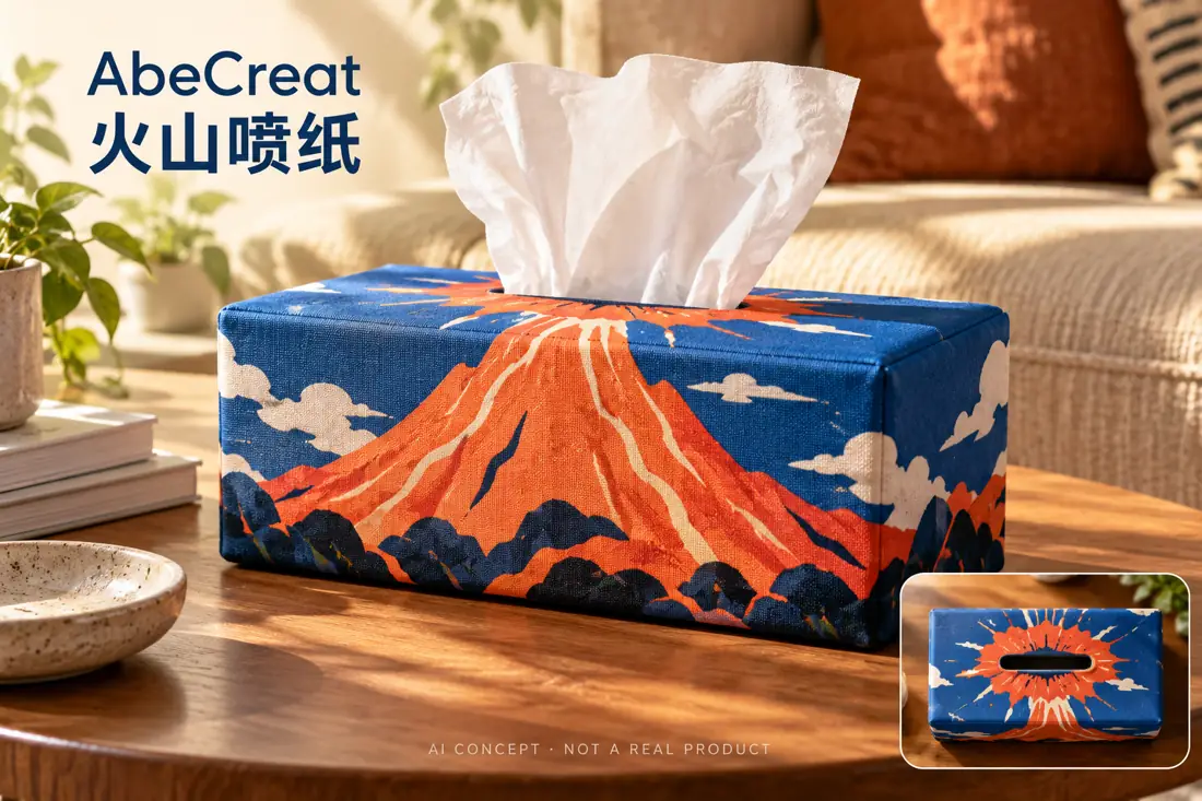 抽纸布套 · 火山喷纸 AI概念图，非实物照片